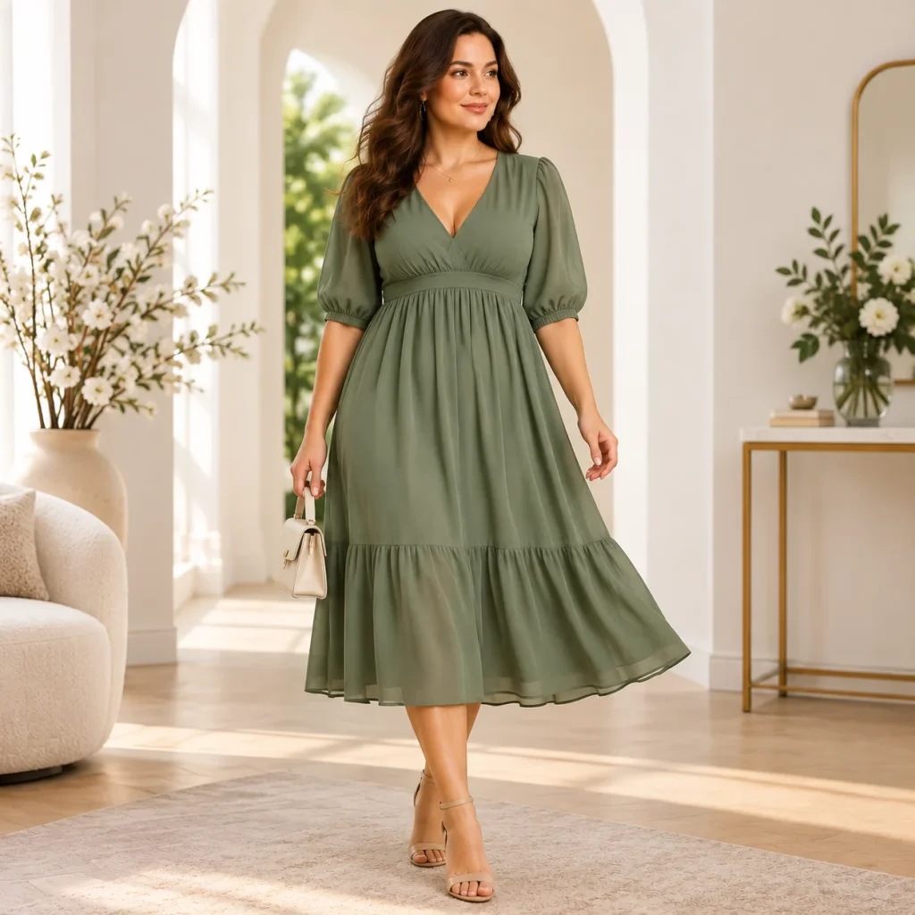 Woman wearing a sage green empire waist midi dress with flowing skirt, elegant apple body shape outfit style