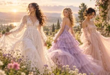 Ethereal outfits featuring flowing chiffon gowns, tulle dresses, and dreamy romantic fashion styles