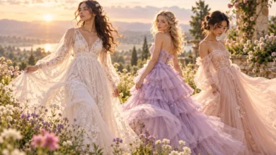 Ethereal outfits featuring flowing chiffon gowns, tulle dresses, and dreamy romantic fashion styles