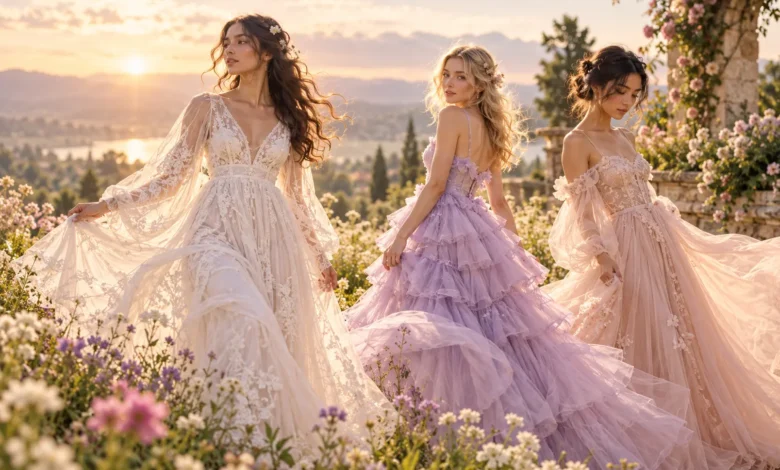 Ethereal outfits featuring flowing chiffon gowns, tulle dresses, and dreamy romantic fashion styles