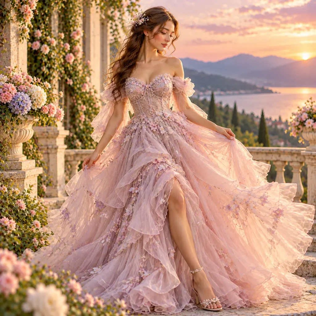 Off-shoulder tulle prom gown with layered flowing skirt and romantic sunset garden backdrop