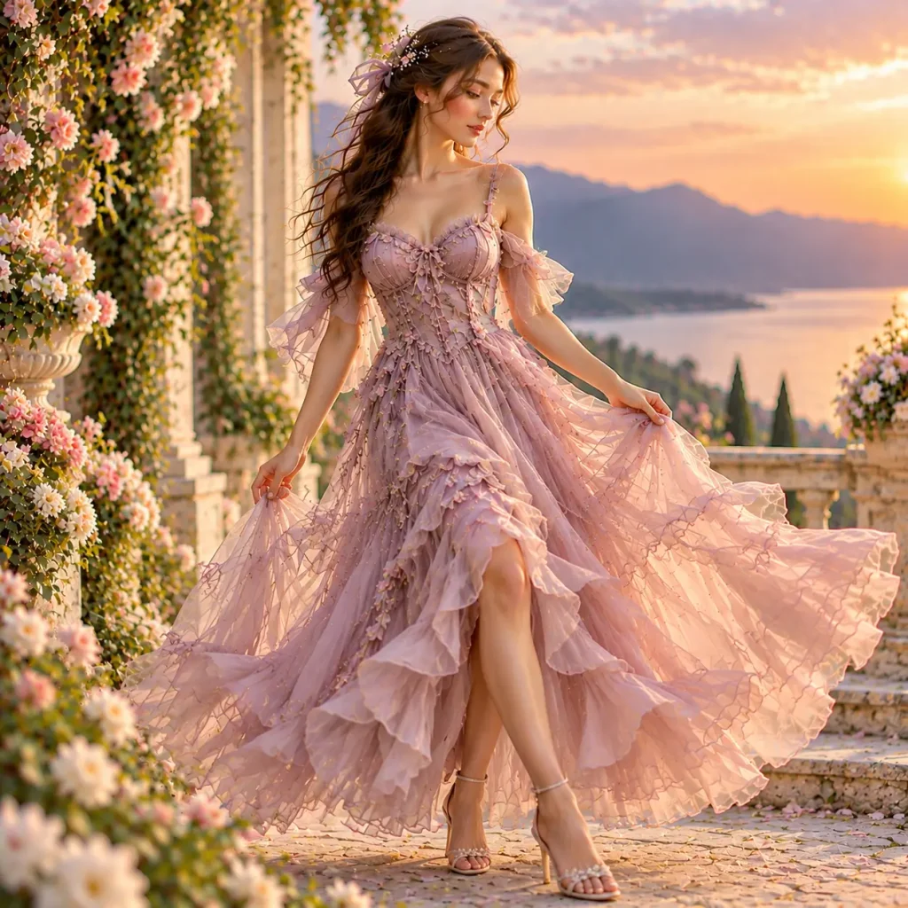 Ethereal chiffon midi wedding guest dress with soft flowing layers and elegant floral garden background