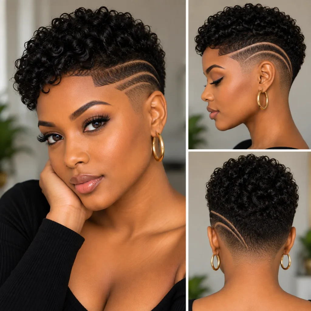 Black woman with a short curly fade and shaved design detail on the sides