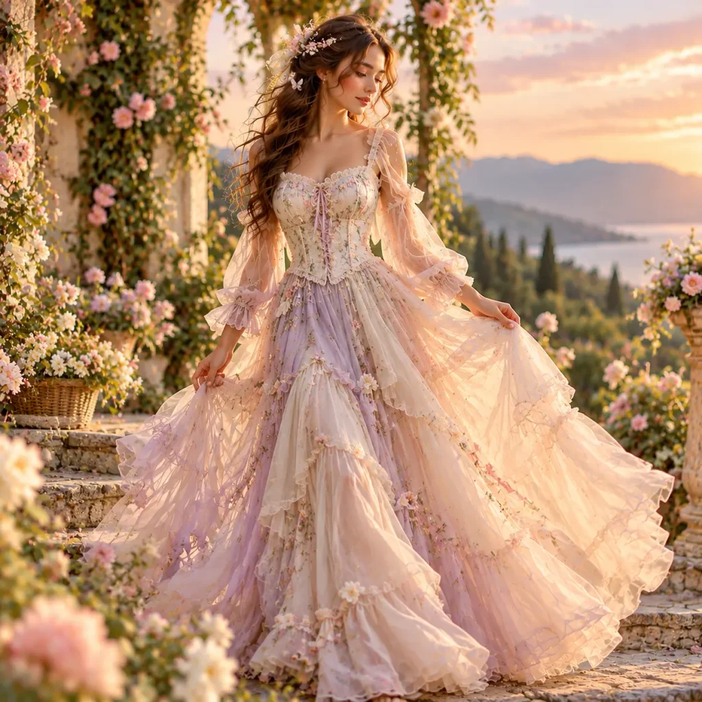 Fairycore corset top dress with floral embroidery and flowing maxi skirt in a magical garden setting