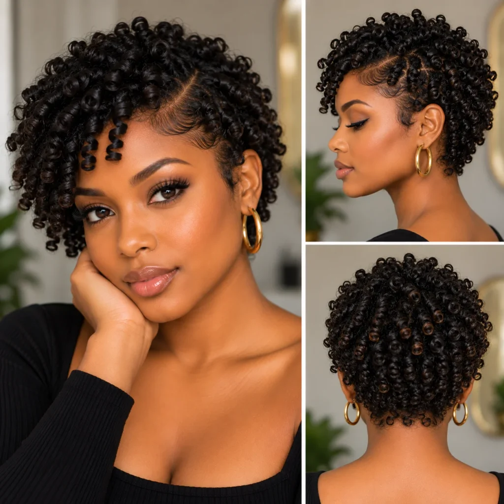 Black woman with short natural finger coils and defined spiral curls