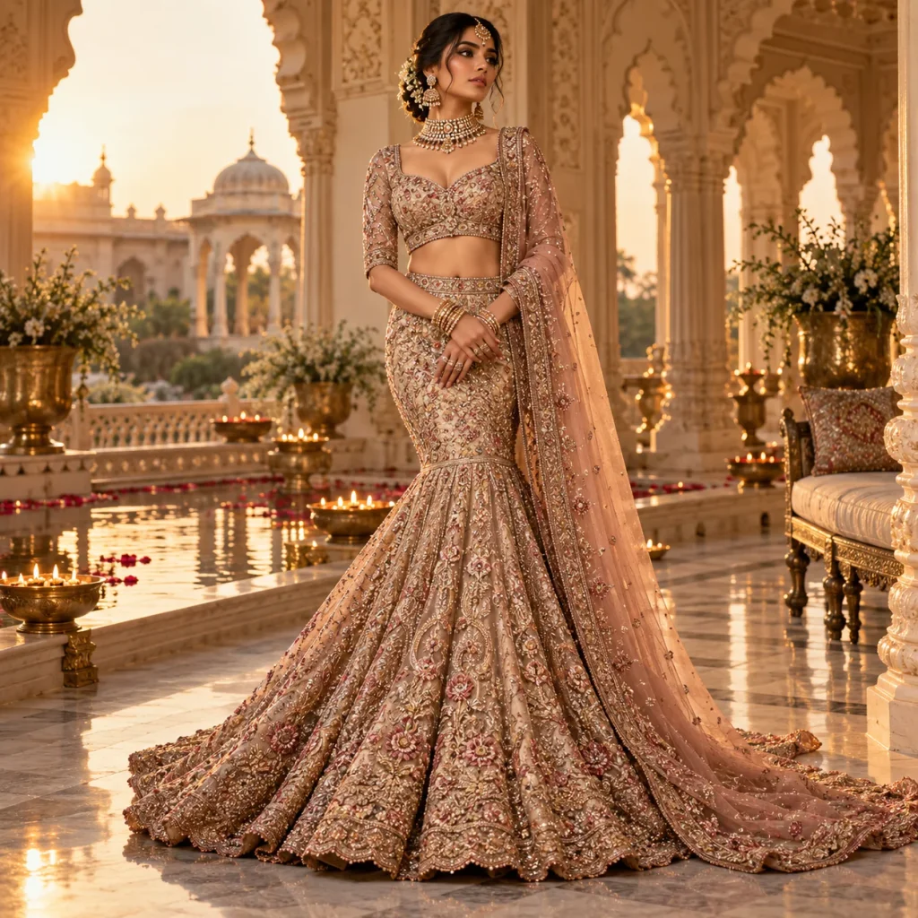 Elegant fishtail lehenga with detailed embroidery and a fitted silhouette for a modern bridal reception look