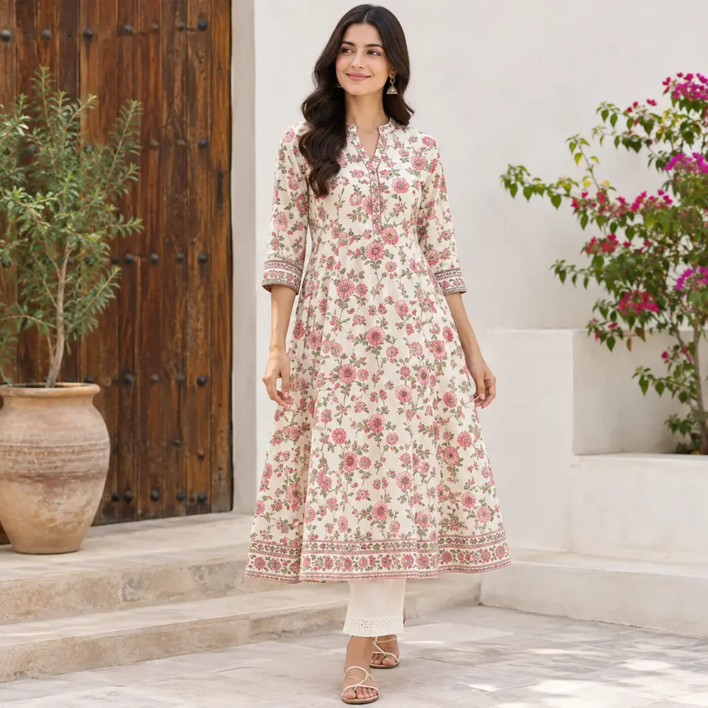 Floral printed cotton kurti dress with a feminine A-line silhouette worn with white trousers and sandals.