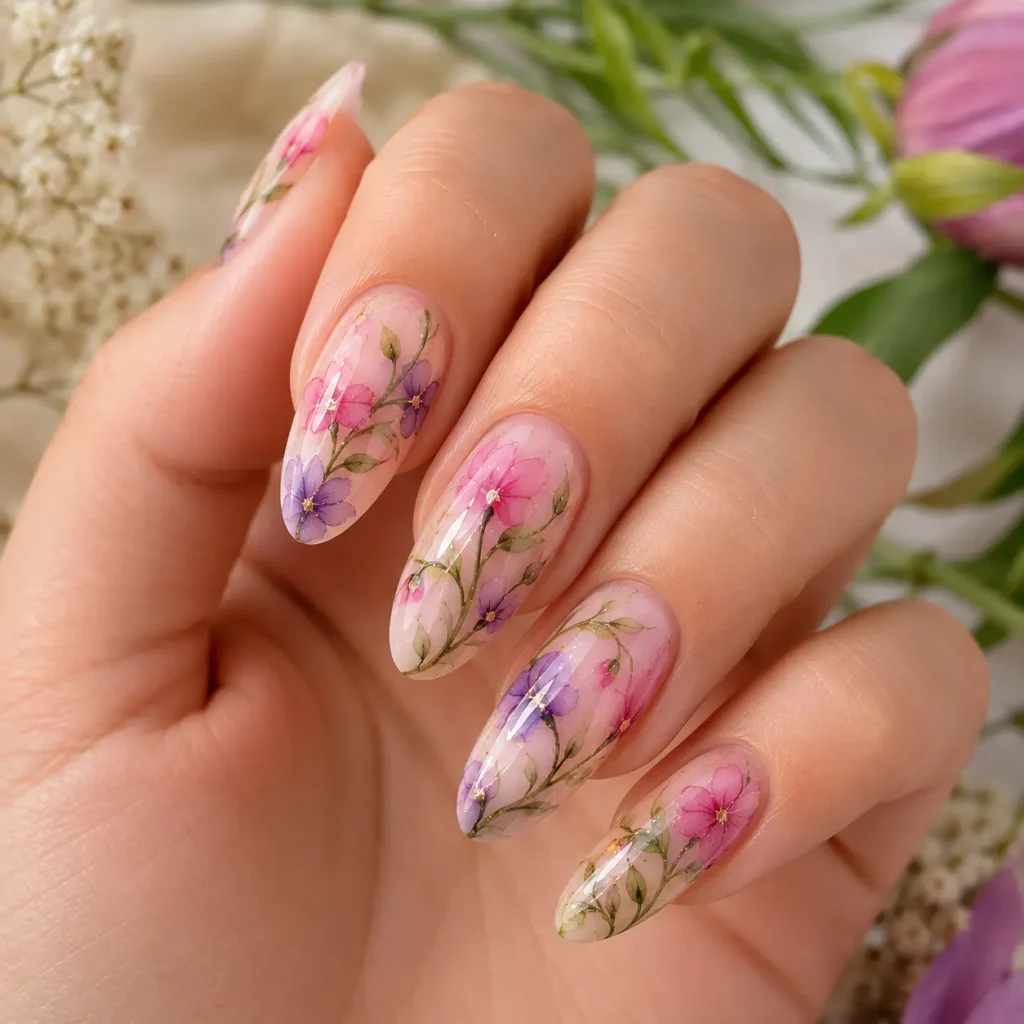 Floral vine blooming gel nails with delicate pink flowers and green vines