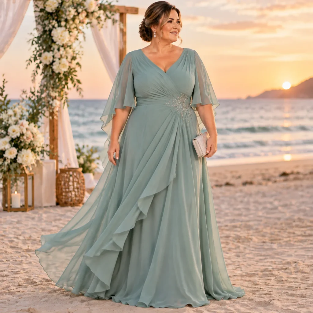 Plus size mother of the bride wearing a flowing chiffon gown for beach wedding