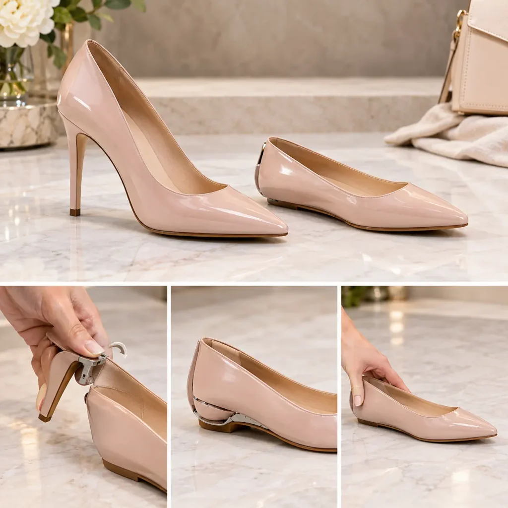 Fold-to-flat convertible pump transforming from a high heel into a comfortable flat shoe