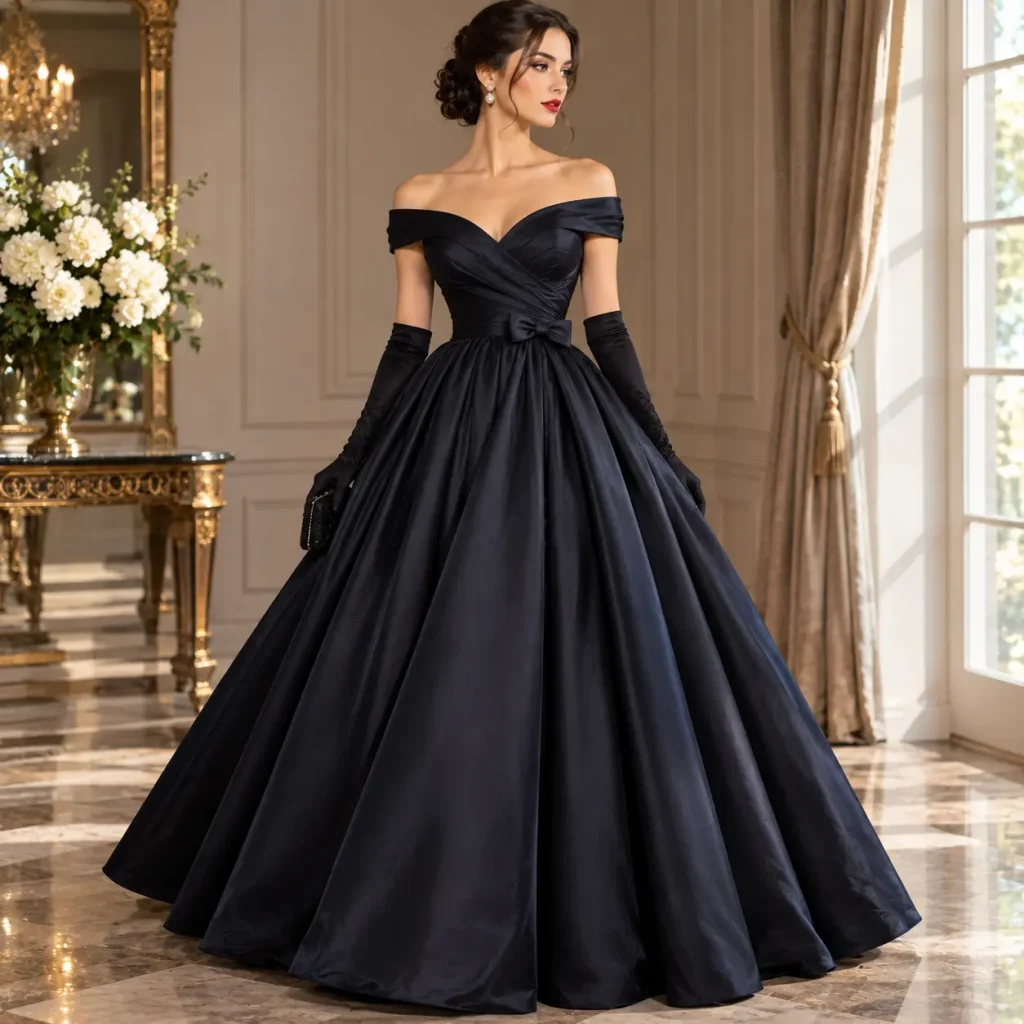 Classic full-skirt New Look gown with a fitted waist, off-shoulder neckline, and opera gloves