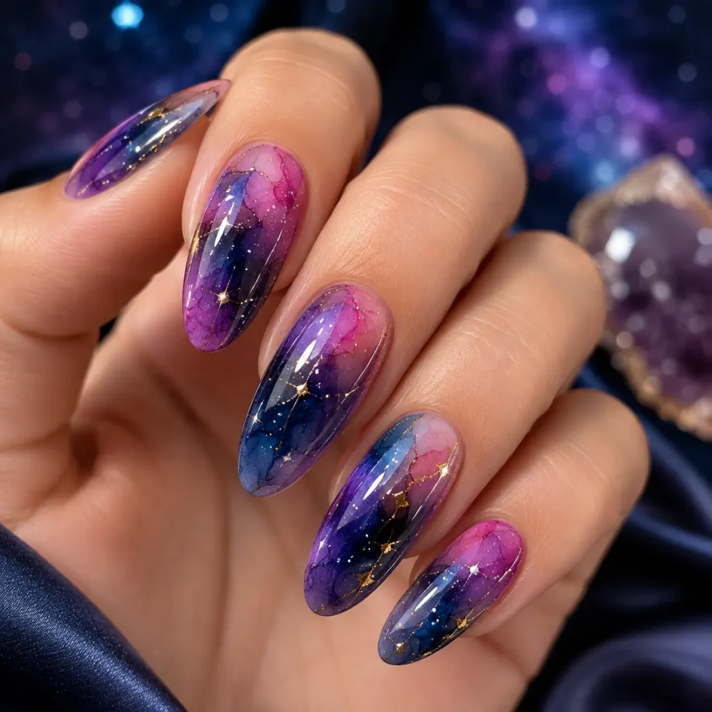 Galaxy blooming gel nails with deep blue purple pink and star-like details