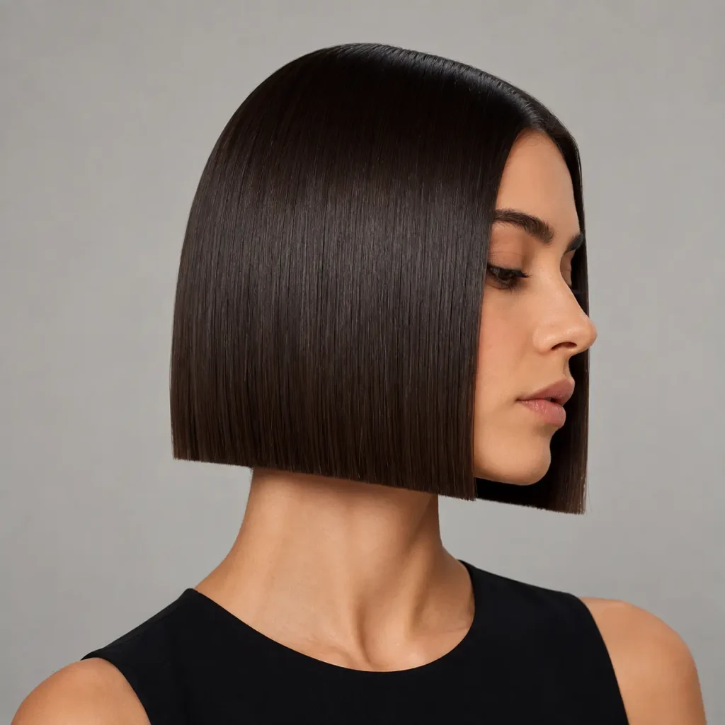 Geometric one-length precision haircut with a sharp, sculpted silhouette