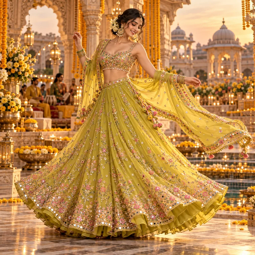 Lightweight georgette lehenga with flowing fabric and festive embroidery for mehndi and sangeet events