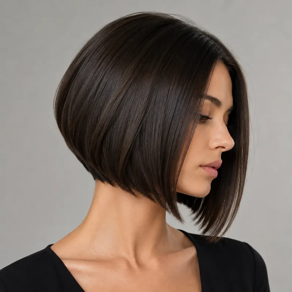 Graduated precision bob haircut with stacked layers and a longer front