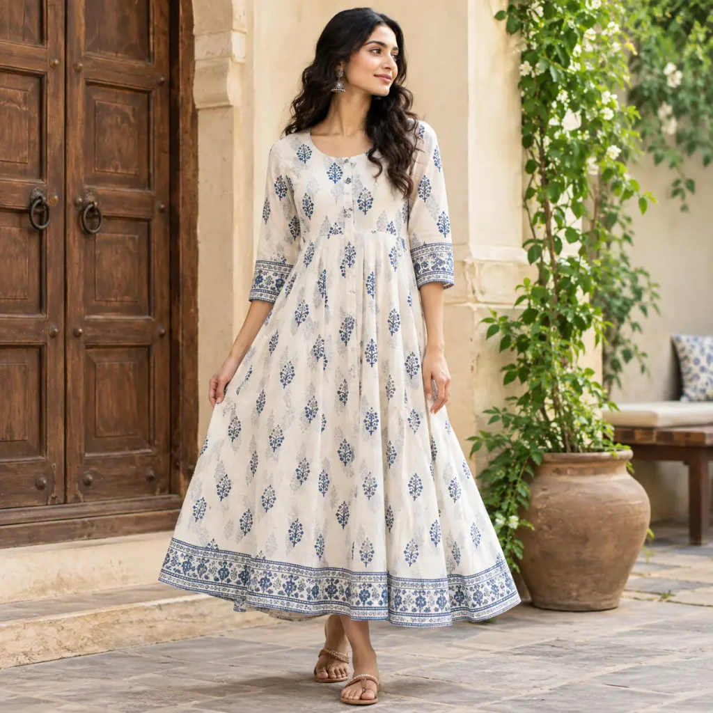Woman wearing a handloom cotton A-line dress with blue floral prints