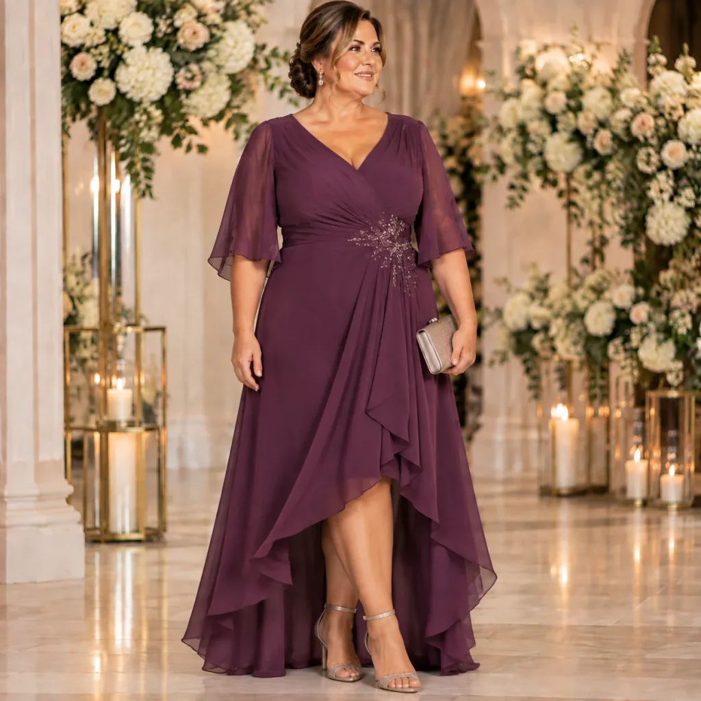 Plus size mother of the bride wearing a stylish high-low hemline dress