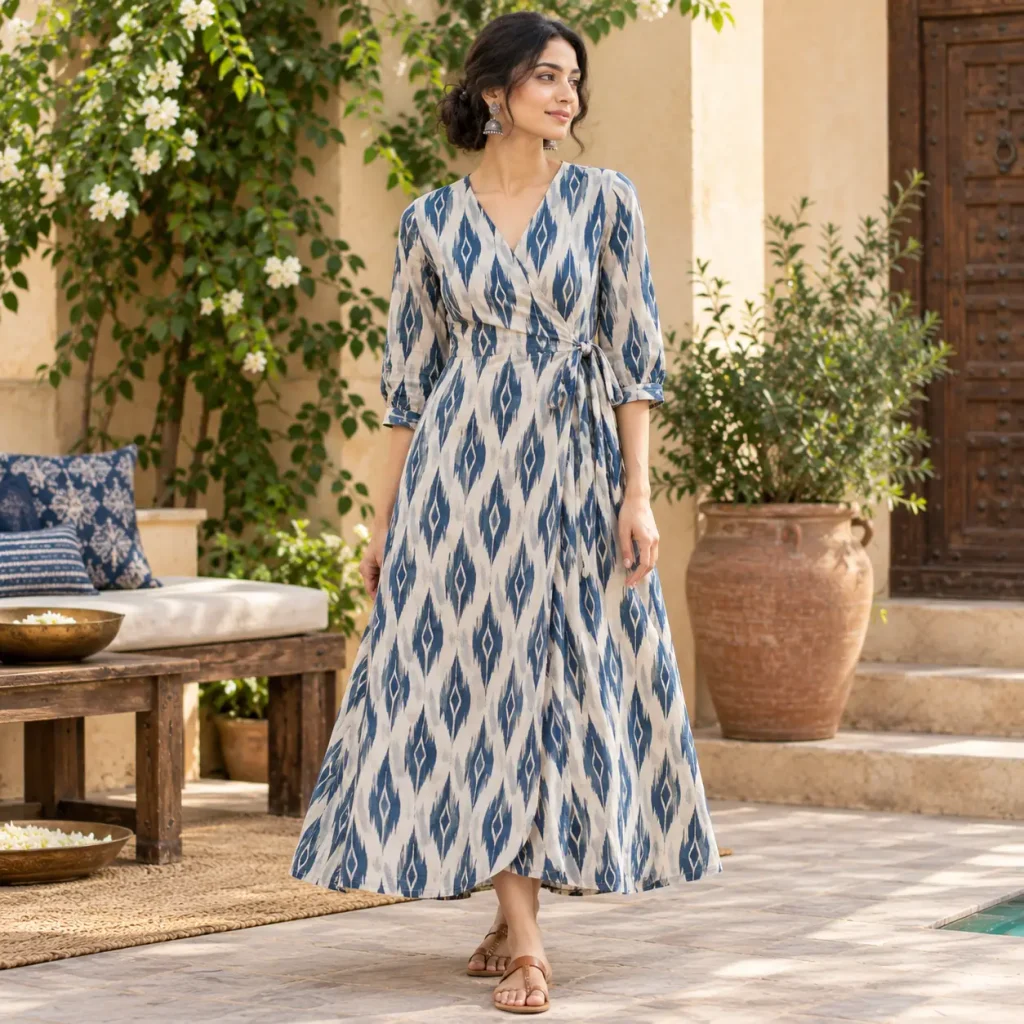 Woman wearing a blue and cream ikat cotton wrap dress with geometric patterns