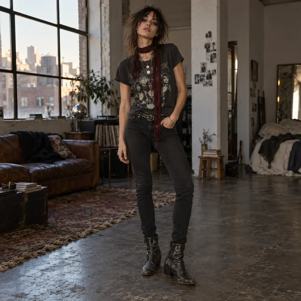 Indie sleaze outfit with vintage-style band tee, skinny scarf, dark jeans and worn ankle boots