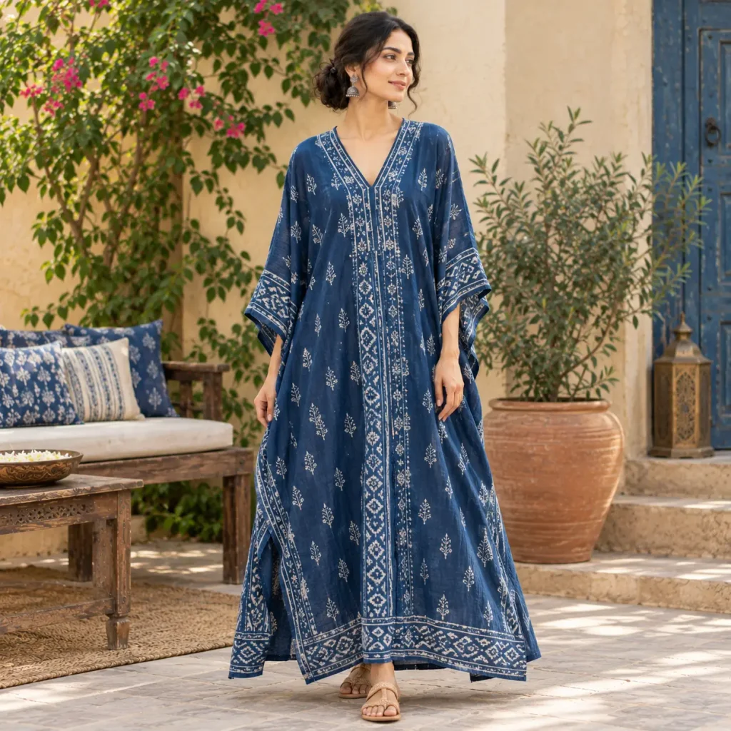 Woman wearing an indigo-dyed cotton kaftan with traditional white block prints