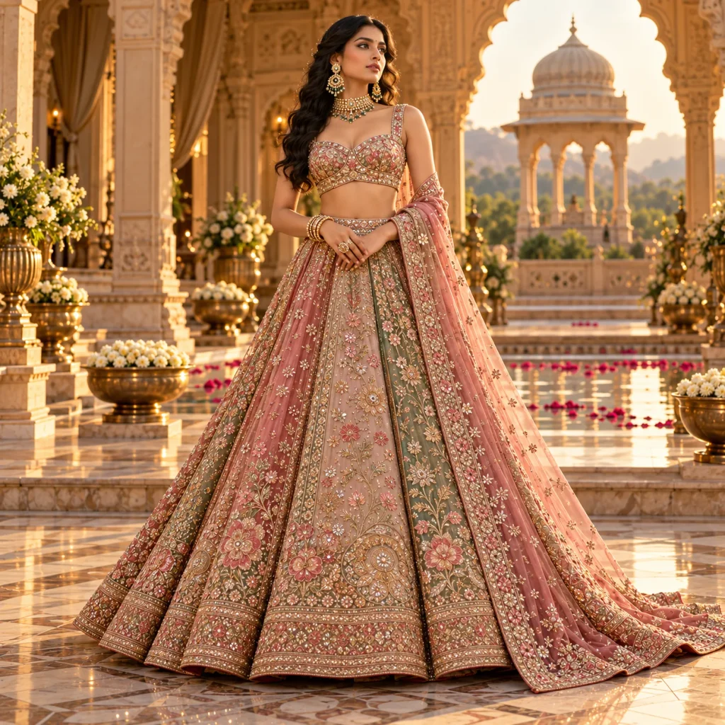 Modern Indo-Western crop top lehenga with embroidered skirt and contemporary bridal fashion styling