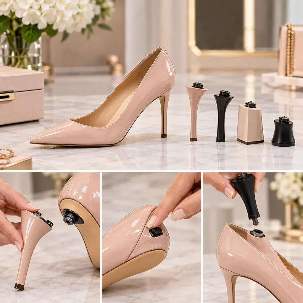 Convertible pump with multiple interchangeable heel attachments in different heights and styles