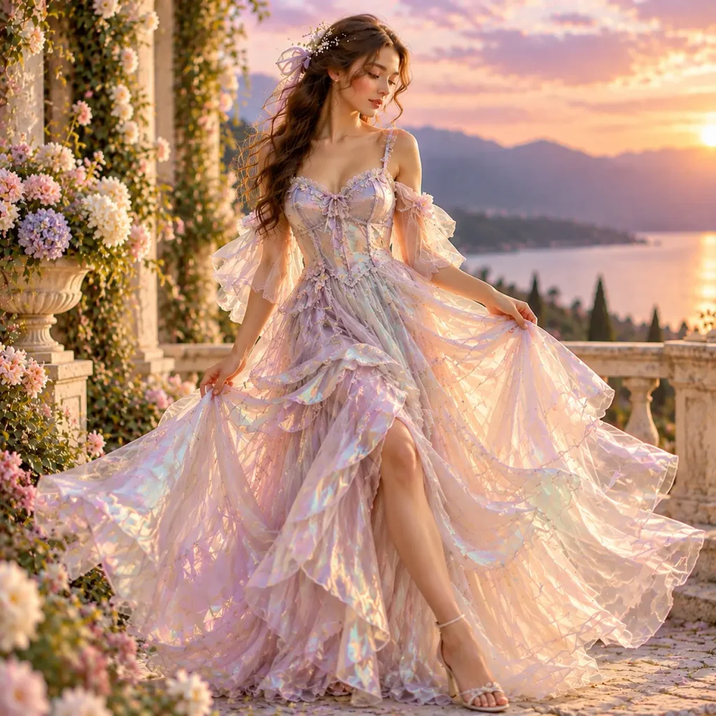 Iridescent statement dress with shimmering fabric, layered skirt, and dreamy fairy-inspired fashion style