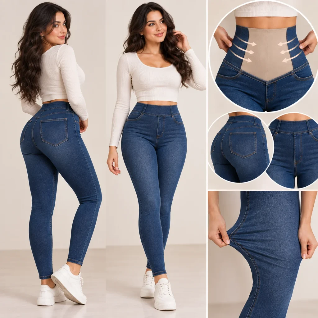 Woman modeling stretch jeggings with a built-in tummy control panel.