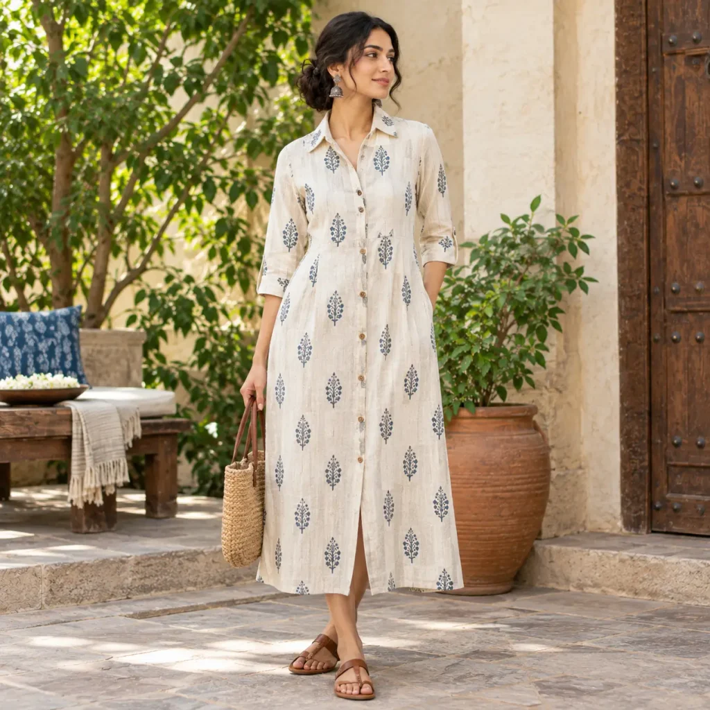 Woman wearing a breathable khadi cotton shirt dress with traditional blue motifs