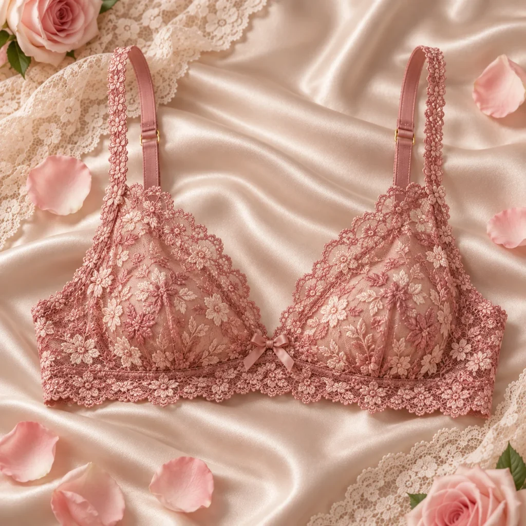 Delicate lace bralette with soft floral embroidery and thin straps arranged on a satin surface.