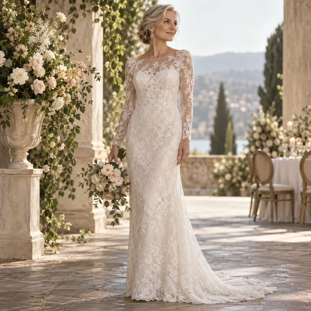 Mature bride wearing an elegant ivory lace column wedding gown with a slim silhouette, delicate lace details, and a romantic bridal look in a softly decorated wedding venue.