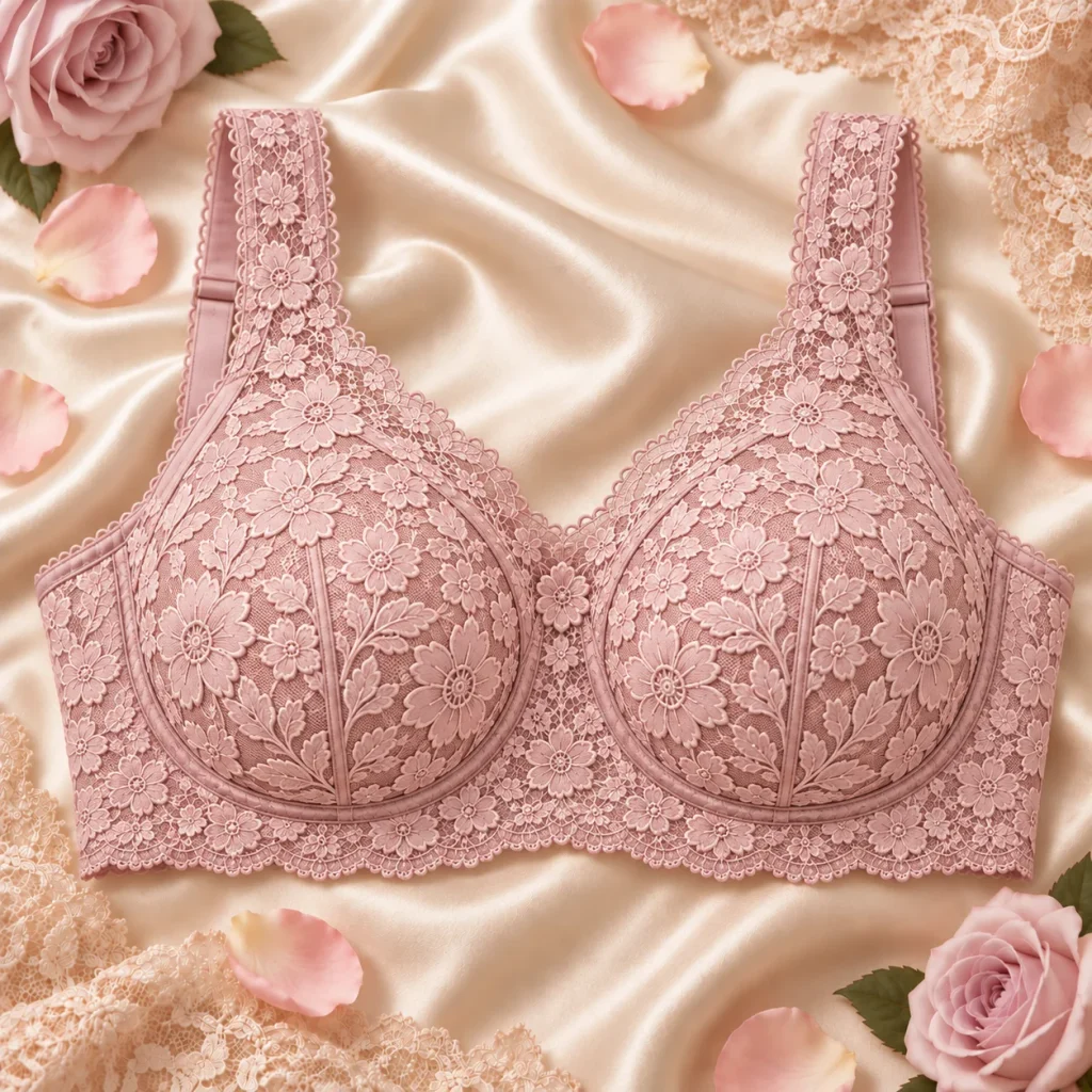 Full coverage lace bra with floral embroidered details, supportive cup design, and elegant satin background with romantic rose accents.
