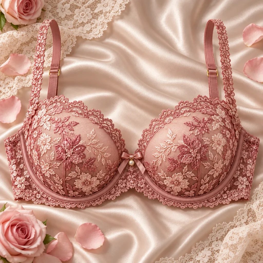 Elegant lace push-up bra featuring floral lace patterns, supportive cups, and a luxurious satin background.