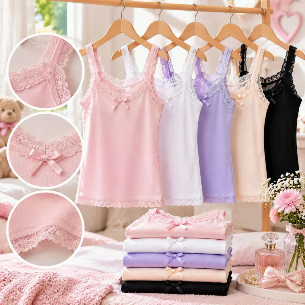 Lace-trim dressy cami for girls featuring elegant lace details and soft comfortable material