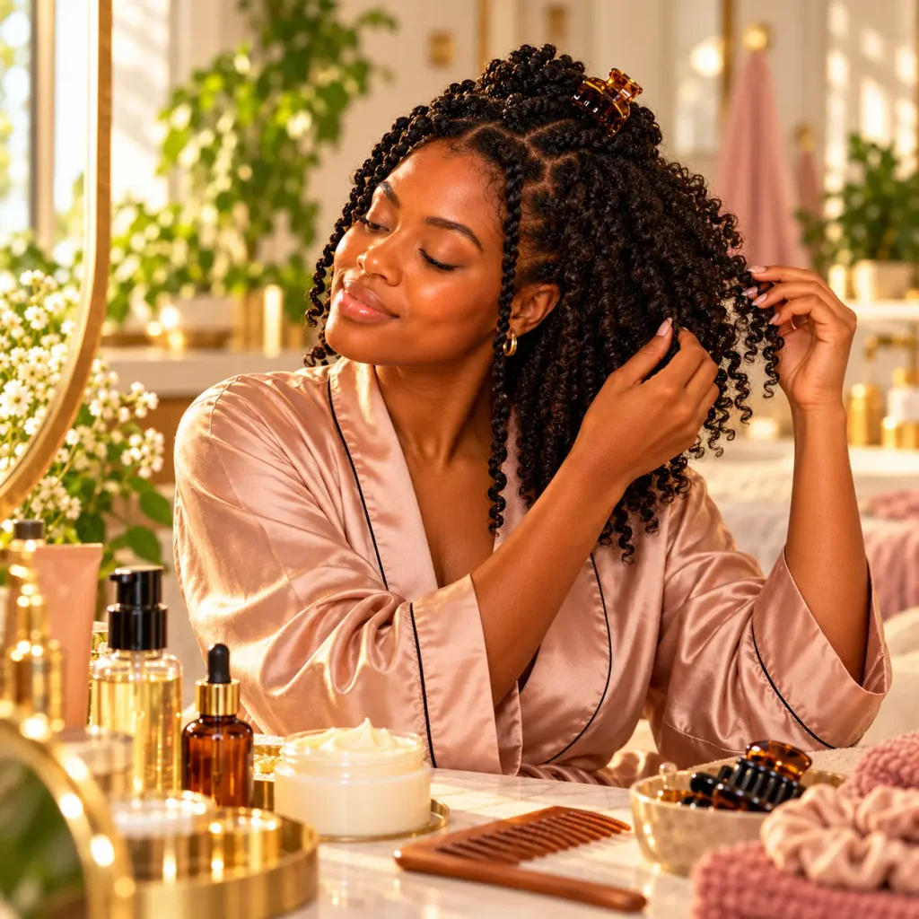 Black woman styling her 4C natural hair with twists and defined curls while using products suited to tightly coiled hair.