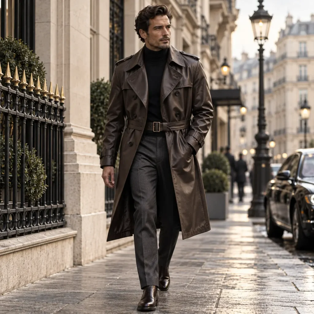 Stylish brown leather trench coat worn by a man in a sophisticated city fashion setting