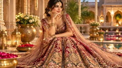 Regal bridal lehenga outfits with intricate embroidery, traditional jewelry, and luxurious wedding styling