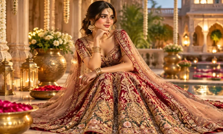 Regal bridal lehenga outfits with intricate embroidery, traditional jewelry, and luxurious wedding styling