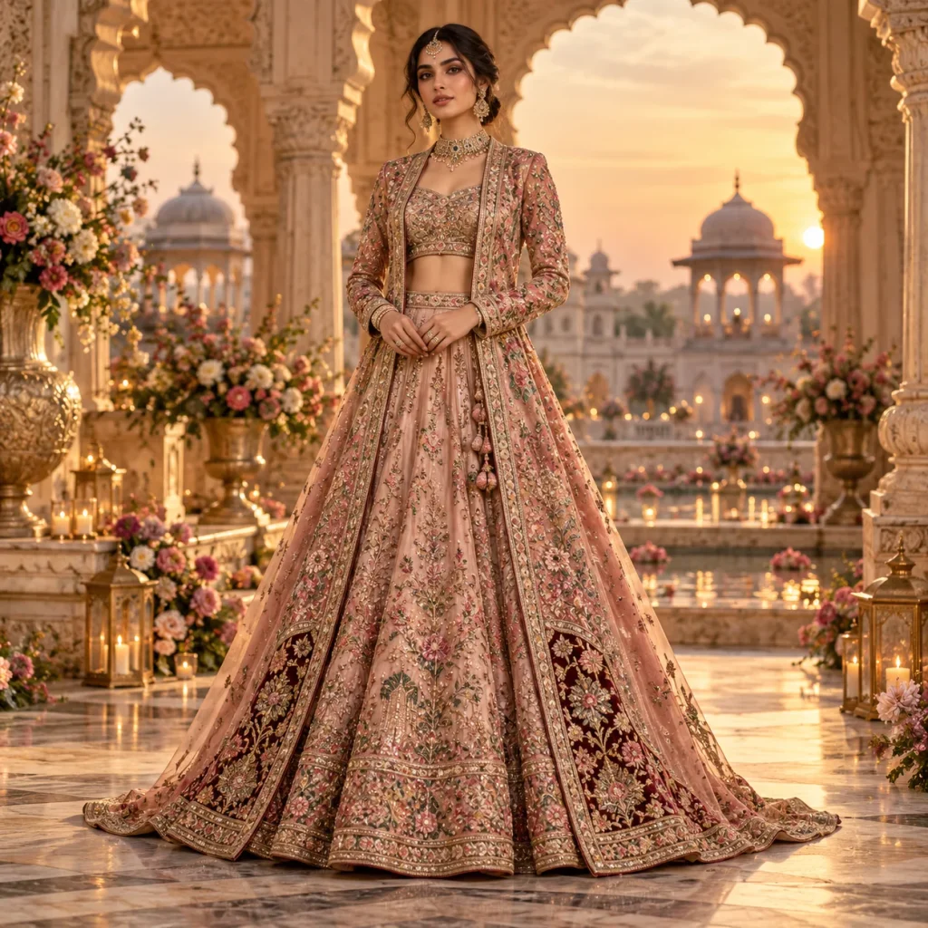Elegant lehenga with a long embroidered jacket creating a layered Indo-Western wedding outfit look