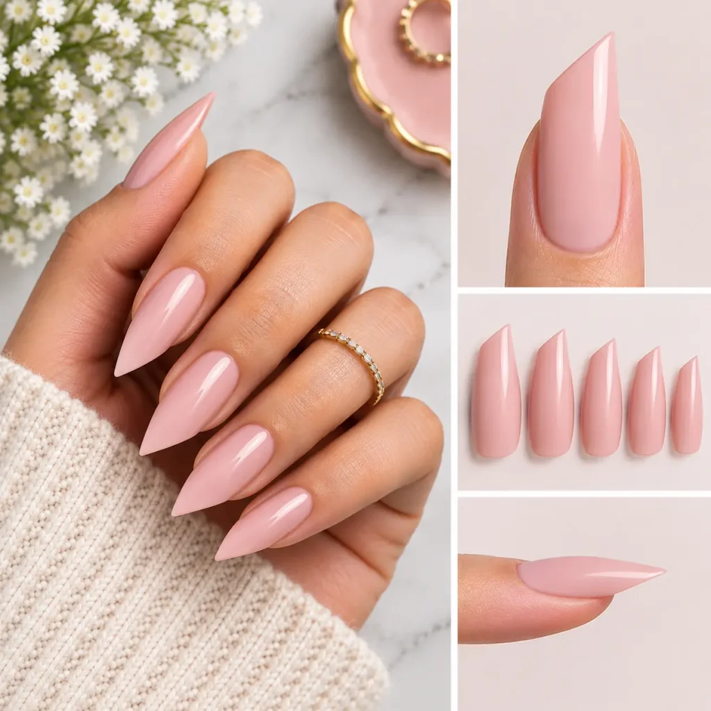 Glossy pink lipstick-shaped nails with angled diagonal tips