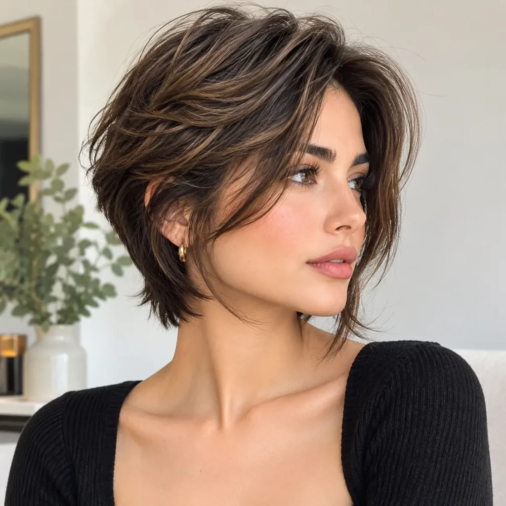 “Long bixie haircut with layered brown hair and face-framing pieces”