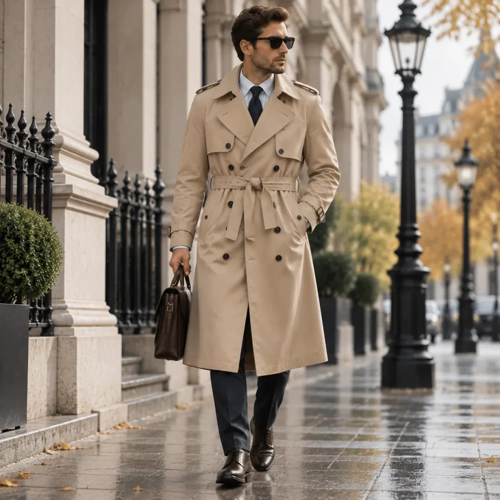Long knee-length classic beige trench coat with belt worn in a luxury city fashion scene