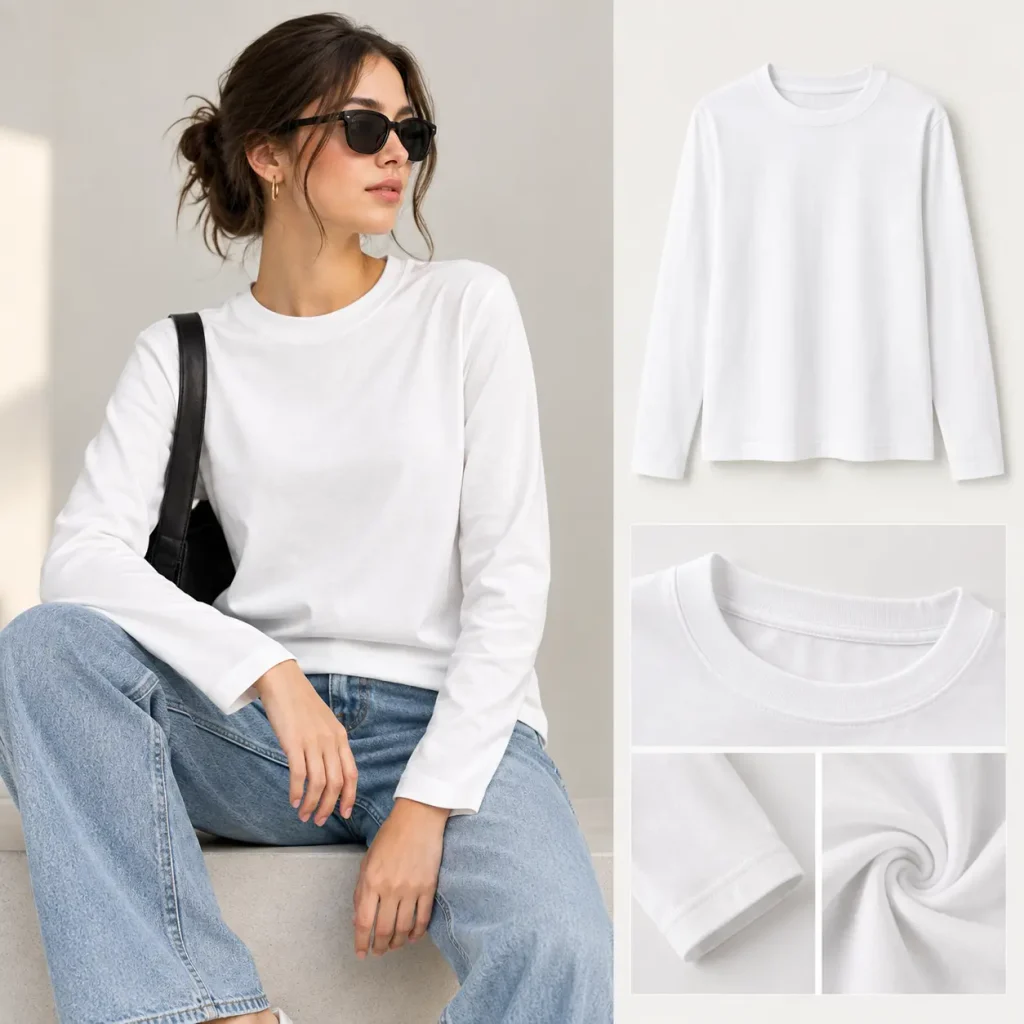 Woman wearing a classic white long sleeve basic tee with light-wash jeans and a black shoulder bag, showing the simple crew neck and comfortable everyday fit.