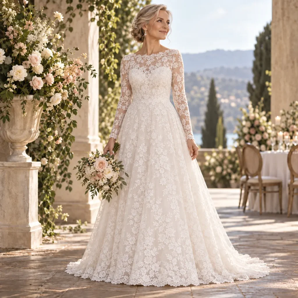 Mature bride wearing a graceful long-sleeve ivory wedding gown with a modest neckline, lace sleeves, and a sophisticated bridal design in a warm romantic setting.