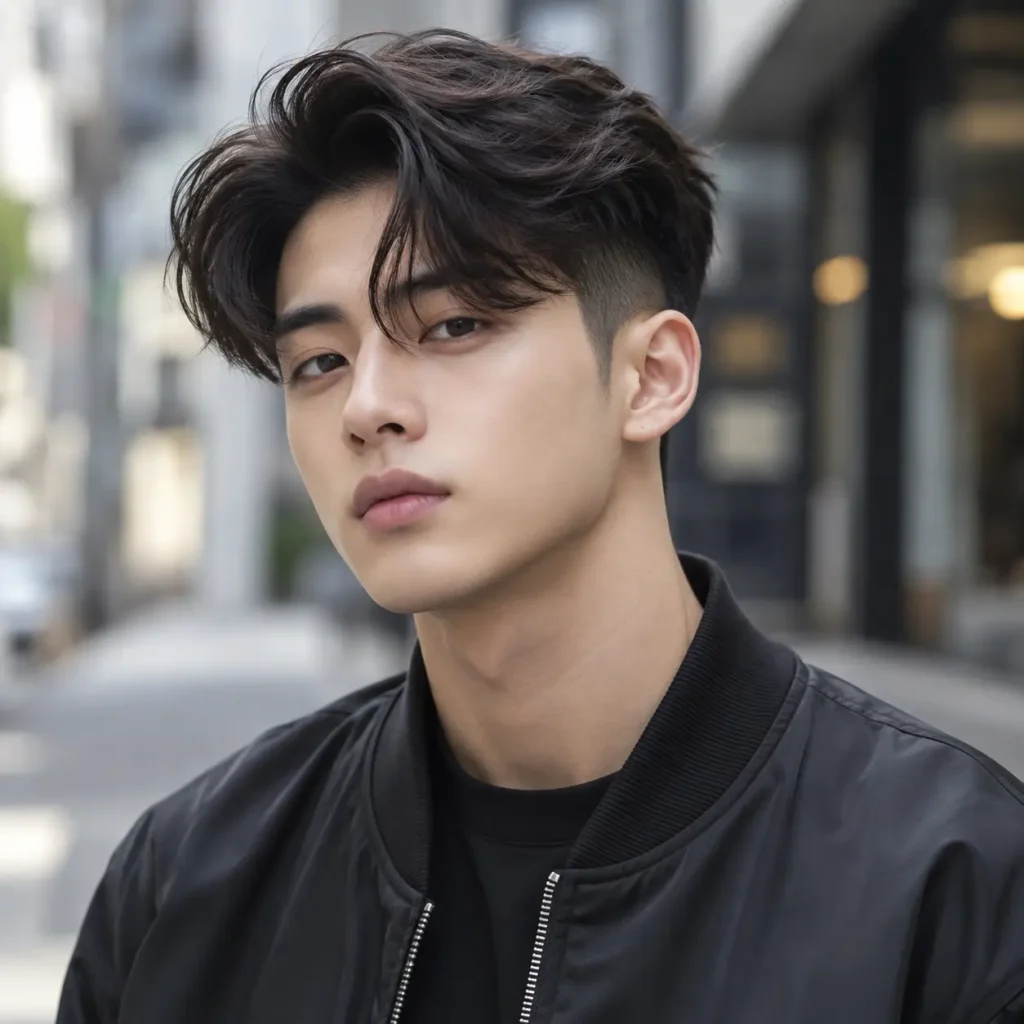 Low fade comma hair with textured top and curved Korean fringe