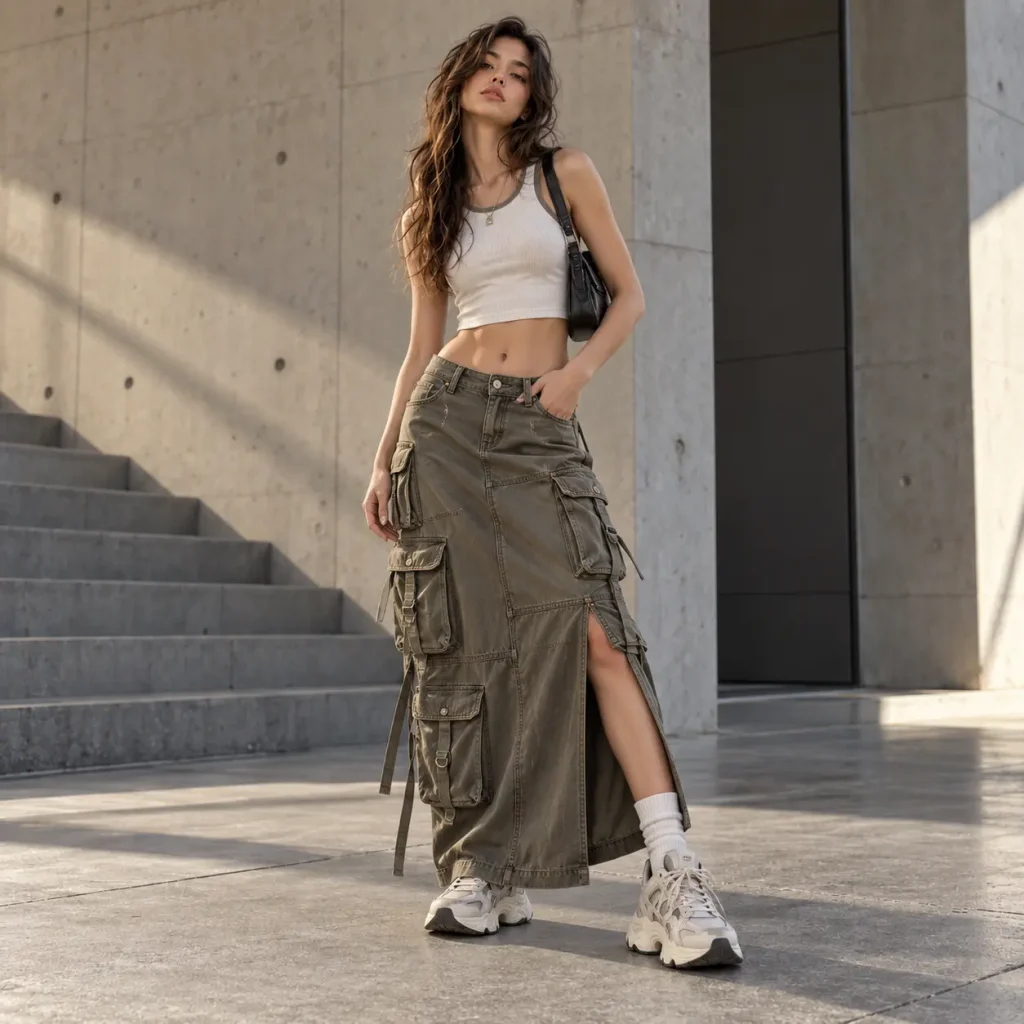 Gen Z woman wearing low-rise cargo maxi skirt, fitted crop top and chunky sneakers