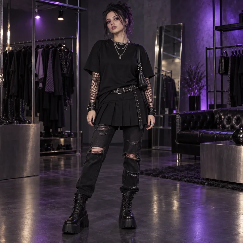 Woman wearing a layered mall goth outfit with fishnet sleeves and platform boots