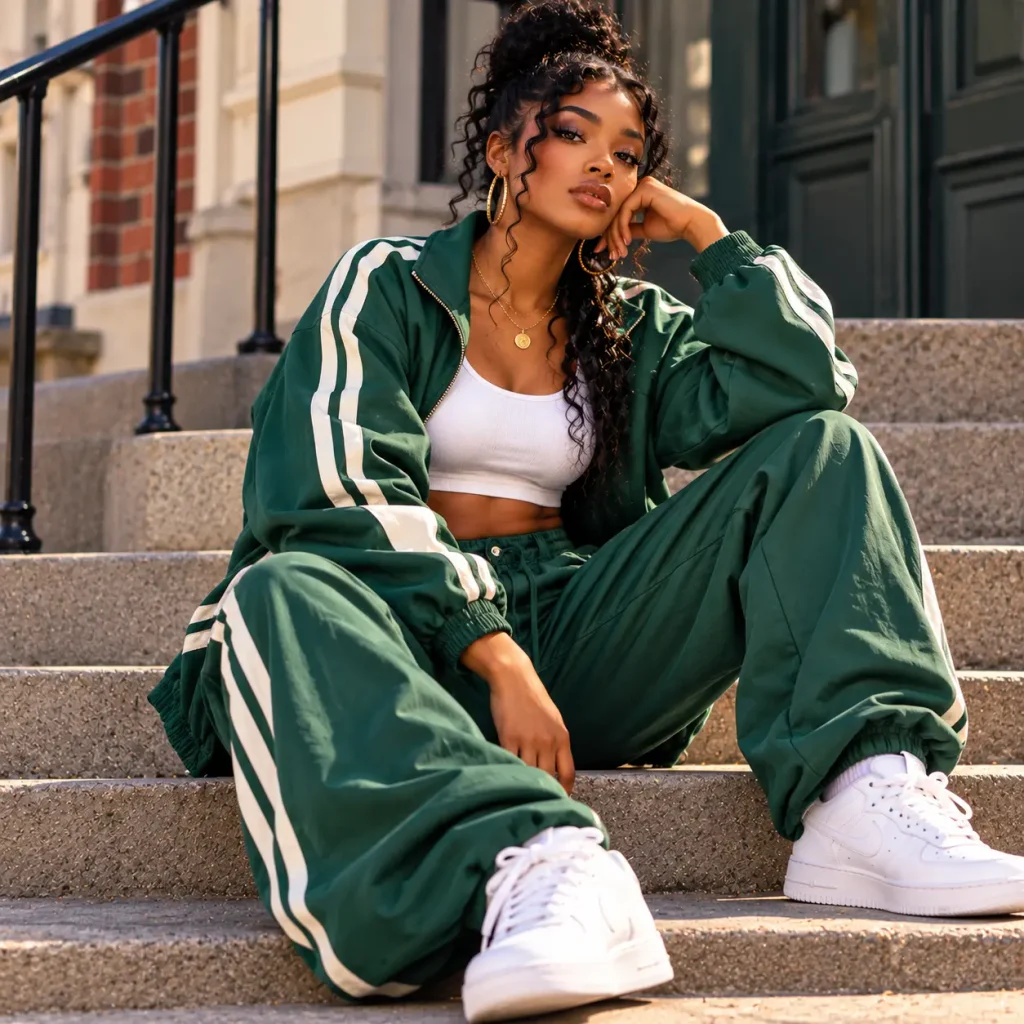 Black woman wearing a green matching tracksuit with white sneakers in a sporty 90s tomboy streetwear style.