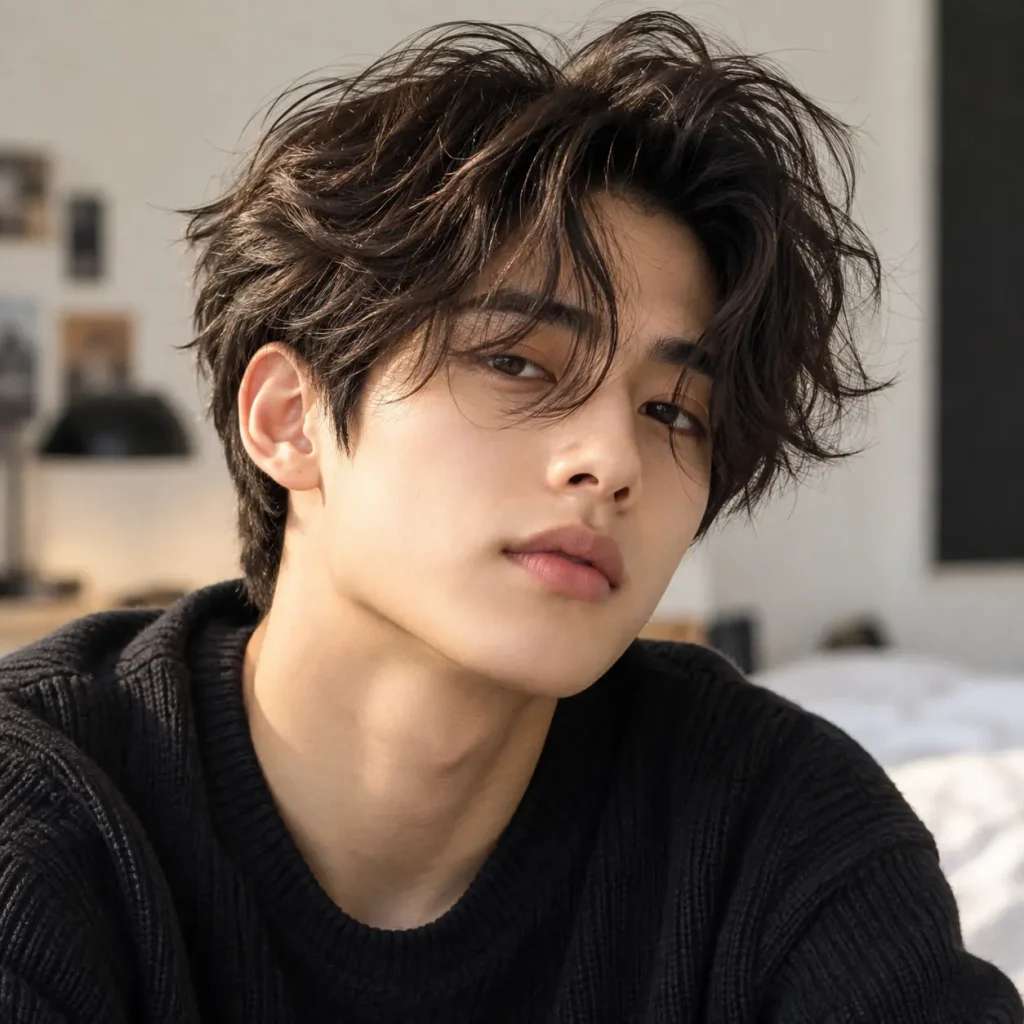 Messy comma hair with tousled texture and relaxed curved fringe