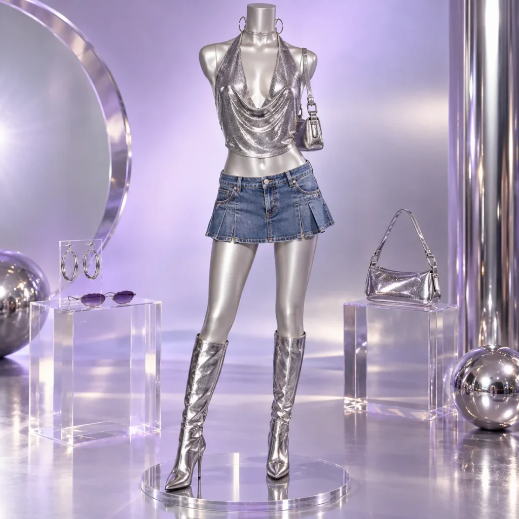 Metallic silver halter top styled with a denim mini skirt and platform boots